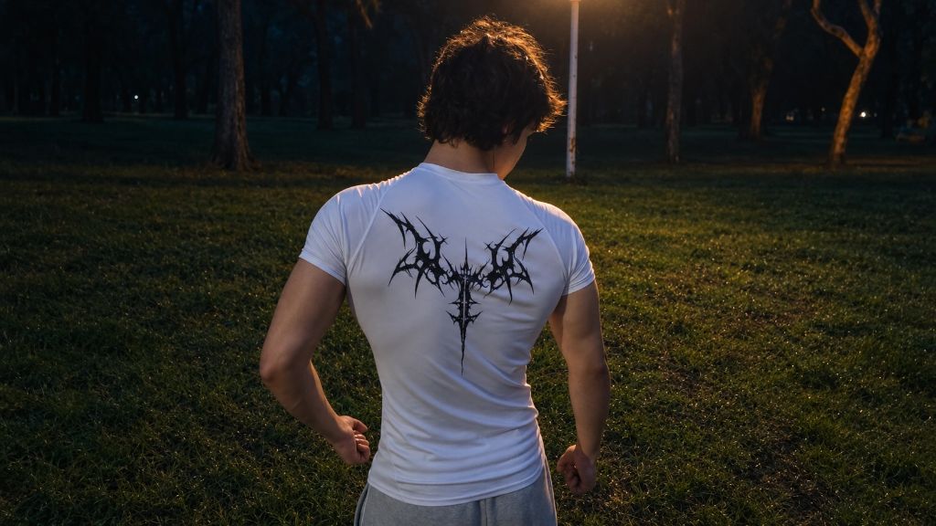 Playera blanca de compresión con gráfico de espalda